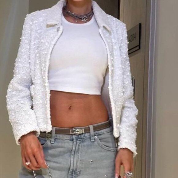 Zara White Sequin Jacket size Small S Crystal Button - Picture 1 of 3